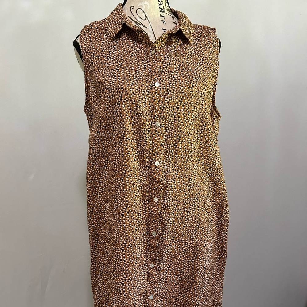 Tahari Brown and Black Patterned 100% Linen Sleeveless Dress Medium